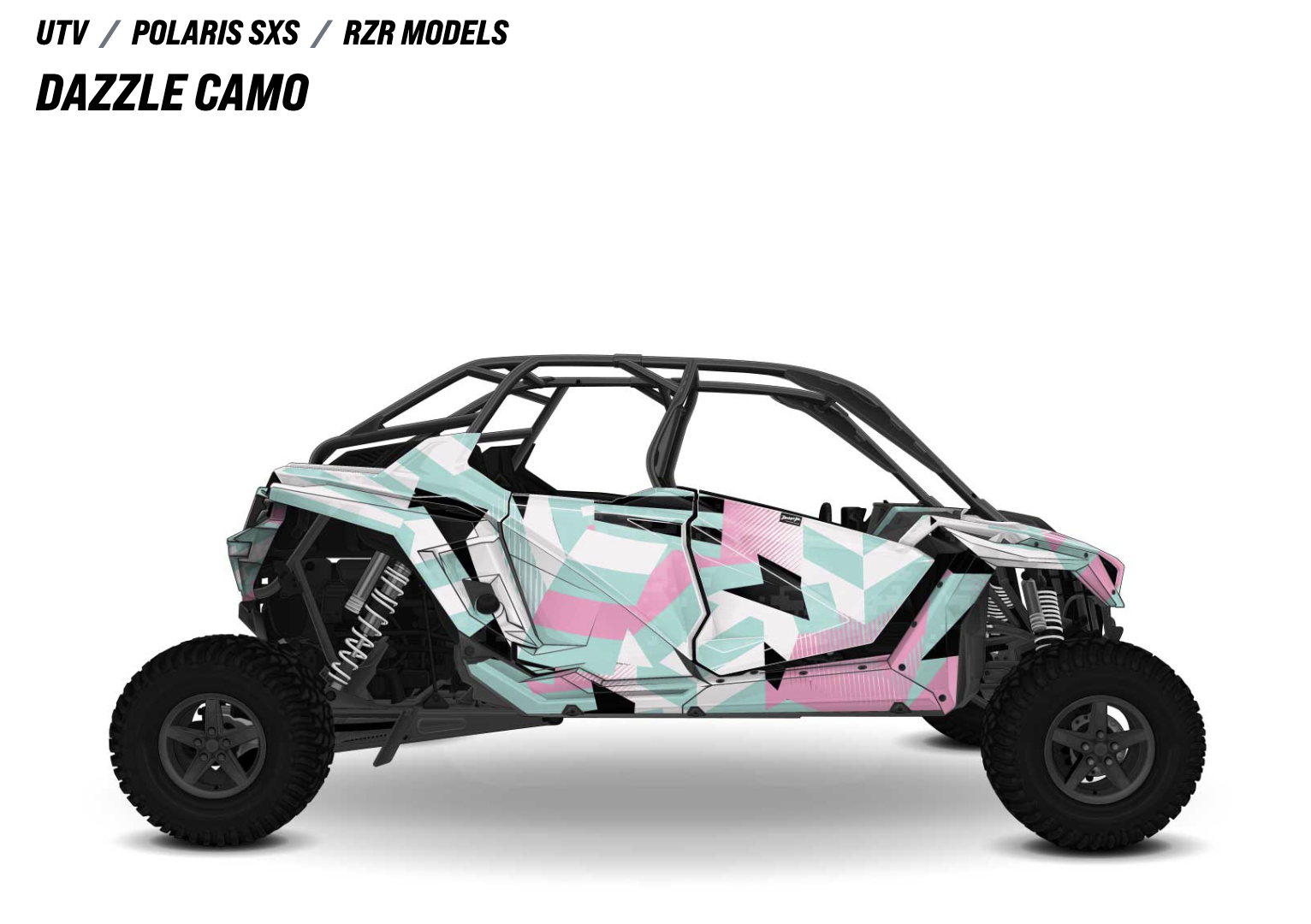 A custom Dazzle Camo wrap for Polaris RZR models, featuring bold geometric patterns in pink, teal, and white.